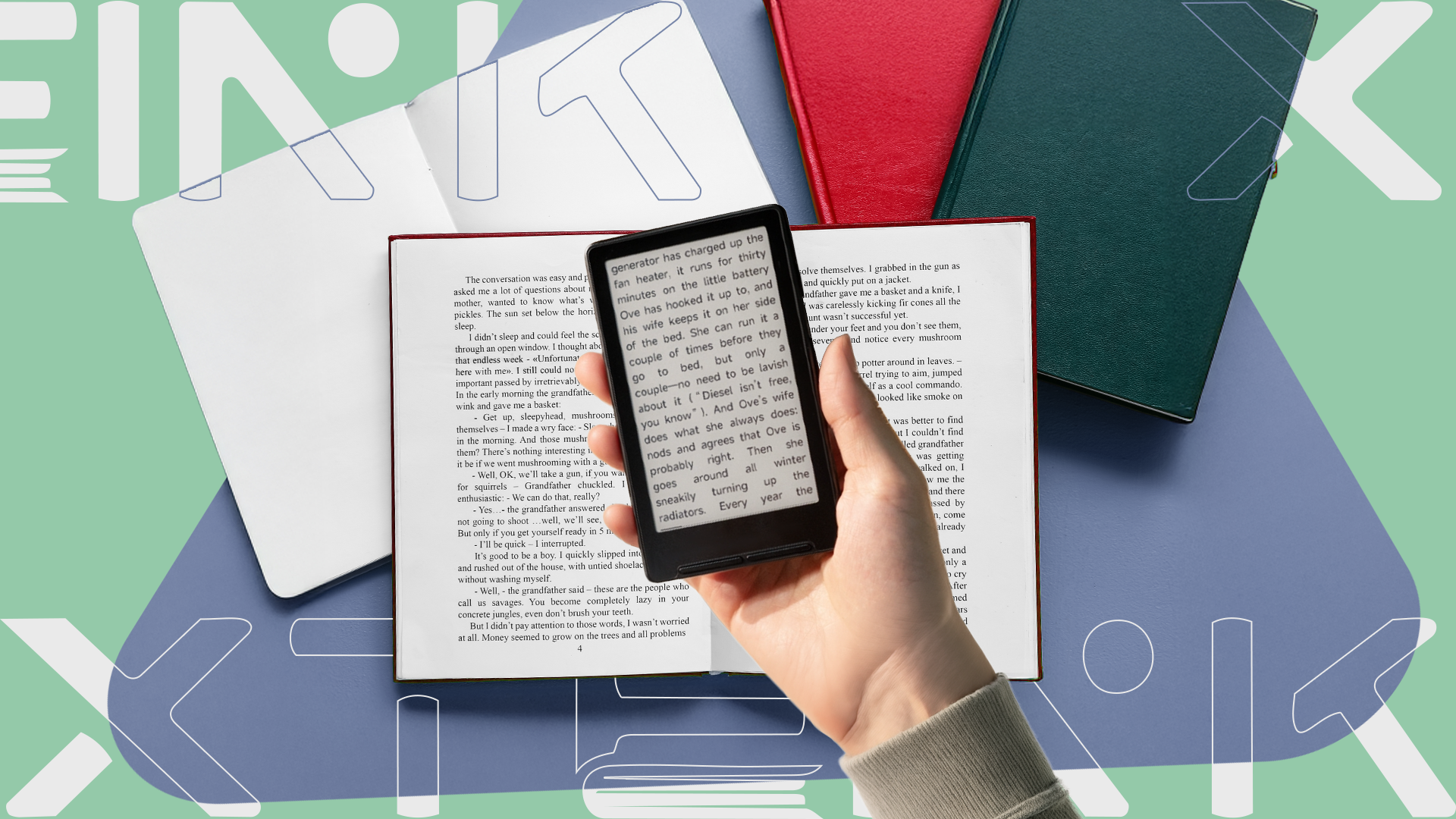 A hand holding an Xteink X4 over open physical books.