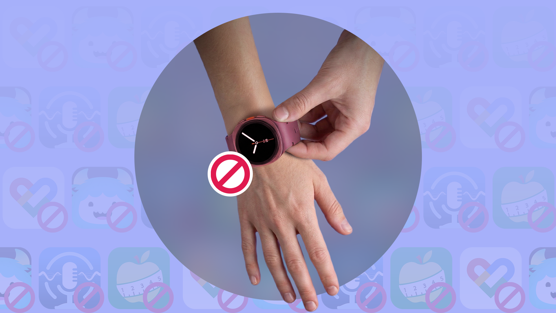 A hand removing a smartwatch from a wrist with a red prohibited symbol.