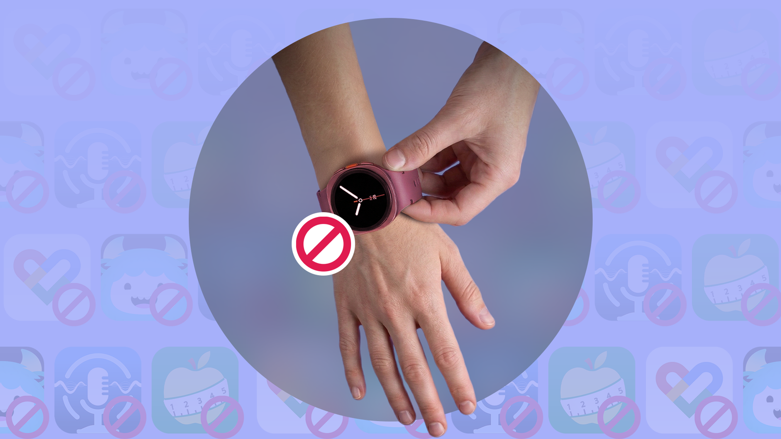 A hand removing a smartwatch from a wrist with a red prohibited symbol.