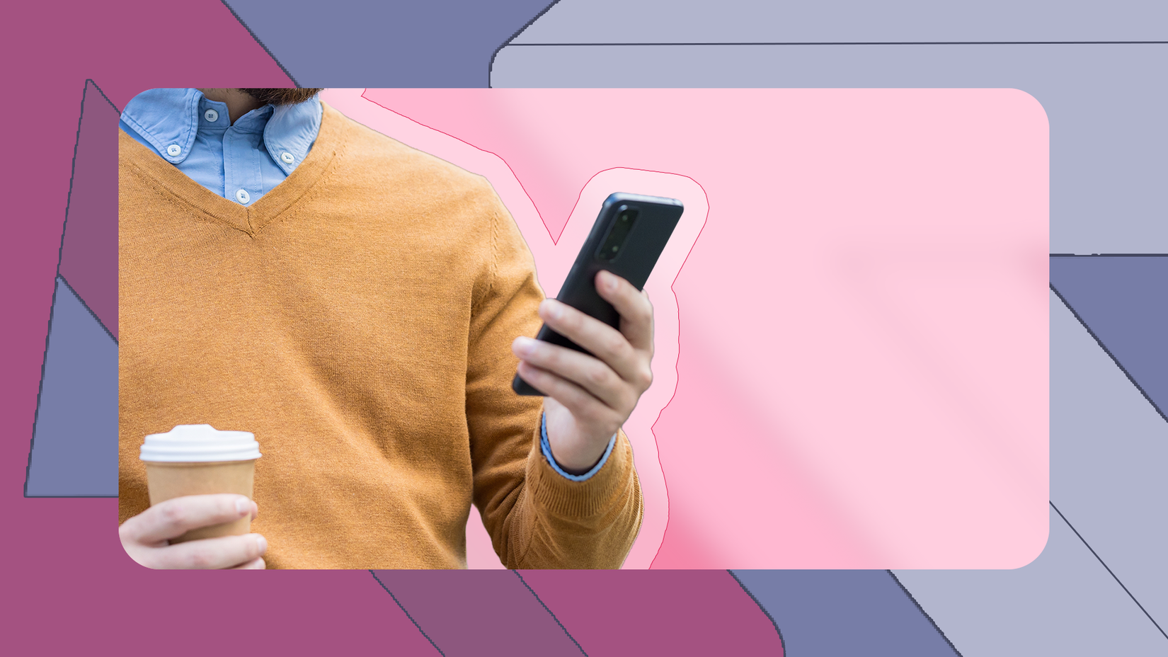 Um homem segurando um smartphone em um fundo geométrico rosa e roxo