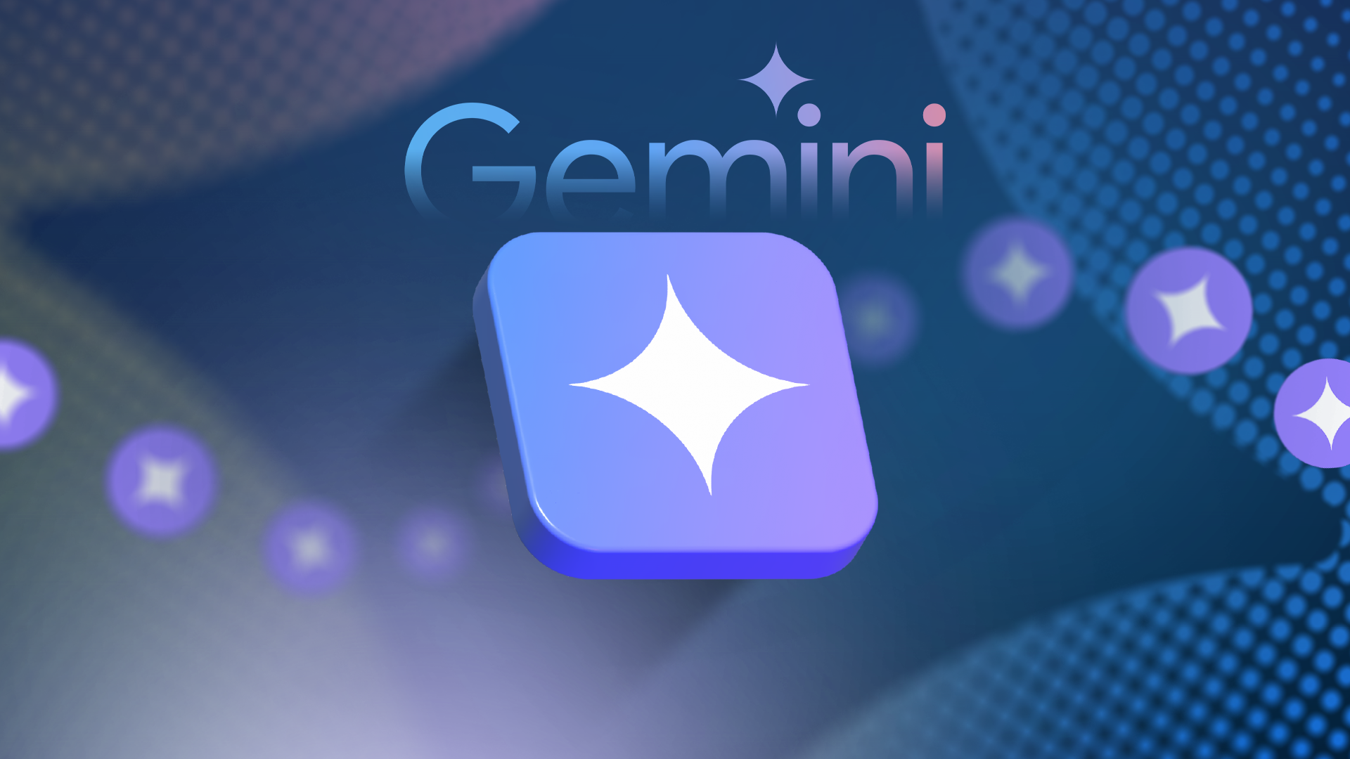 A purple Gemini icon with floating star symbols on a dark blue background.