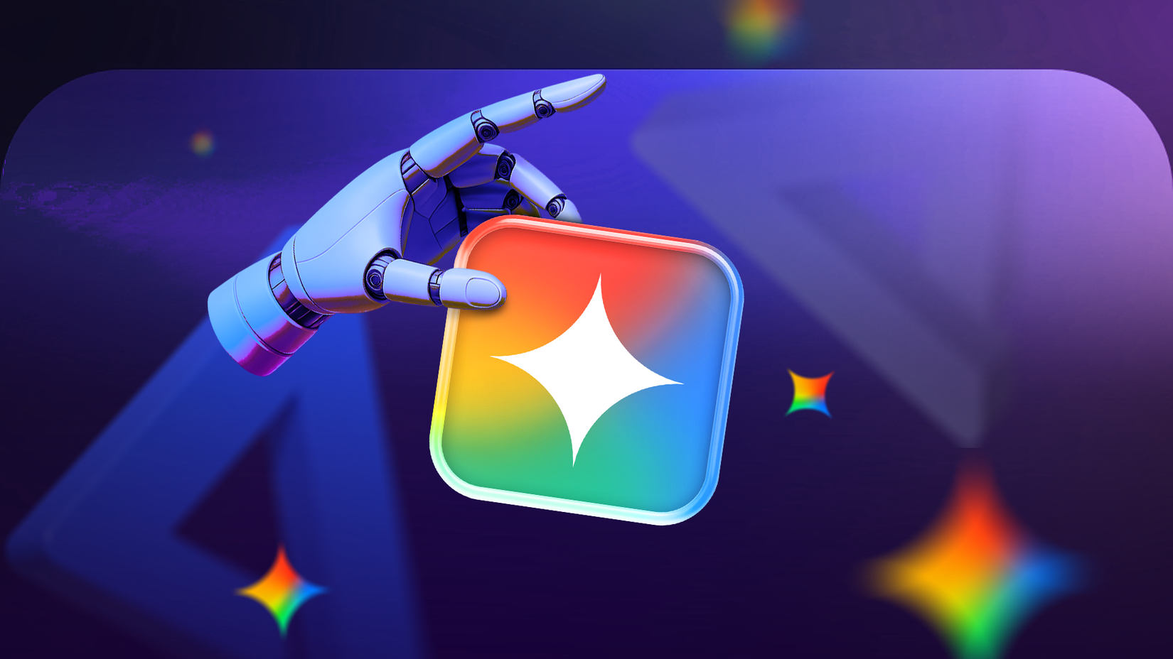 Uma mão robótica segurando o ícone de Gêmeos contra um fundo escuro.