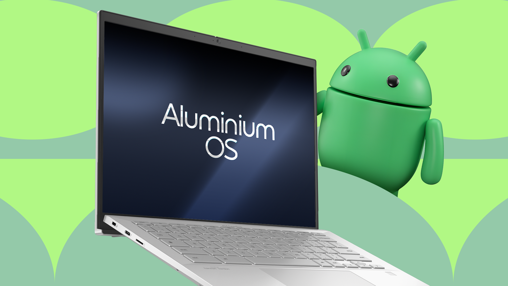 Um laptop prateado exibindo 'Aluminum OS' ao lado de um mascote 3D do Android em um fundo verde.