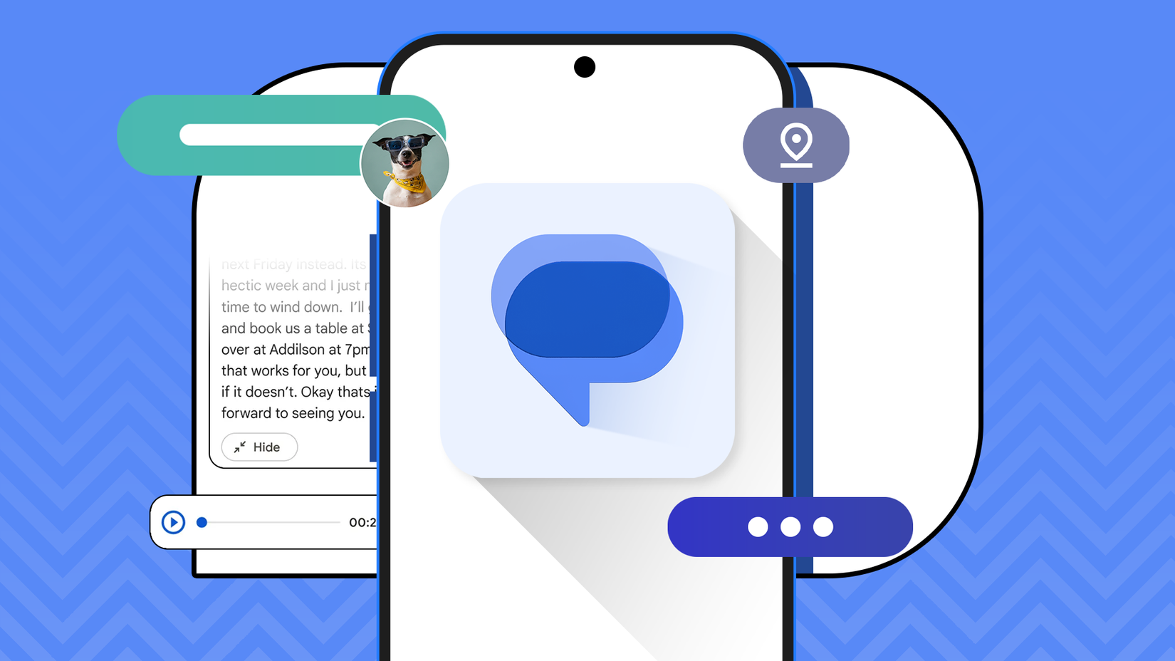 Un'interfaccia per smartphone che mostra il logo di Google Messaggi, con le funzionalità di trascrizione vocale, Photomoji e integrazione della mappa evidenziate