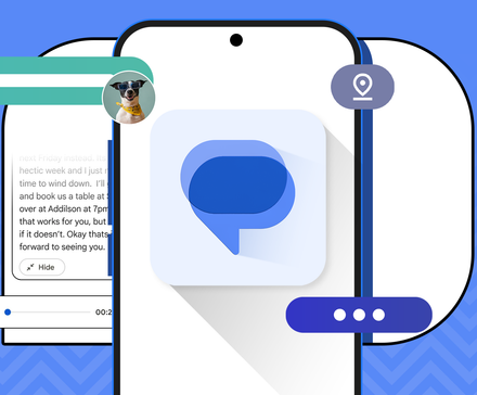 Uma interface de smartphone mostrando o logotipo do Mensagens do Google, com transcrição de voz, Photomoji e recursos de integração de mapas em destaque
