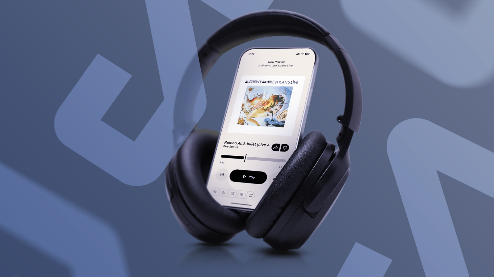 A smartphone placed between headphones, displaying the Metrolist music player interface.