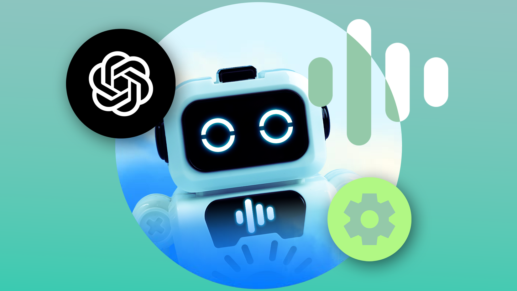 Um robô branco com o logotipo ChatGPT, ondas sonoras e um ícone de engrenagem verde nas configurações.