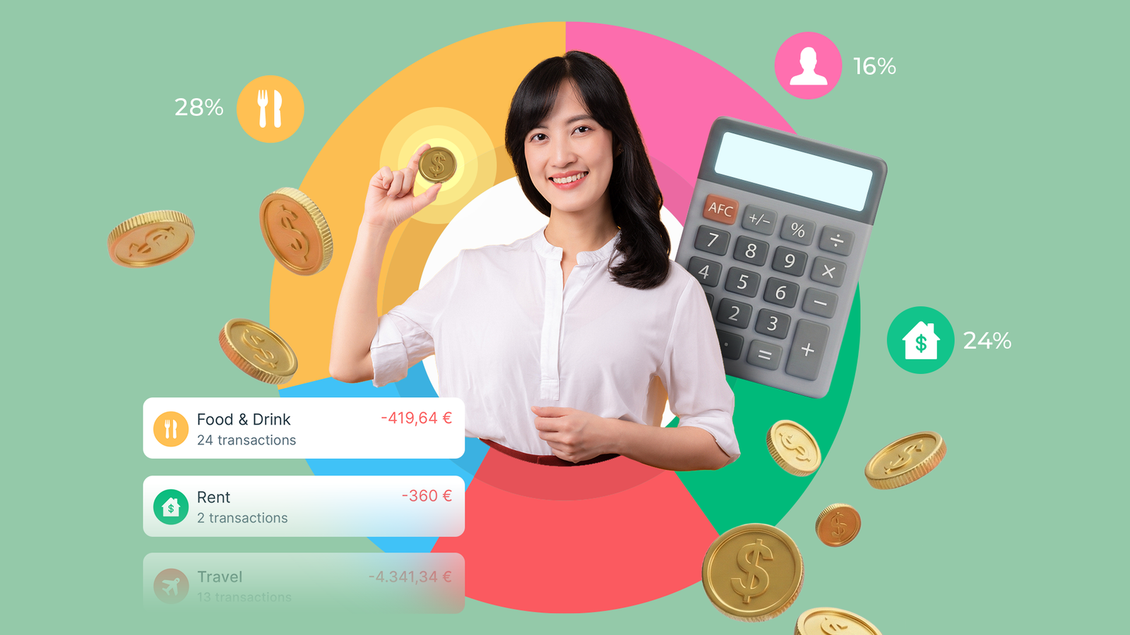 A woman holding a coin in front of a colorful pie chart with floating coins, a calculator, and expense labels.