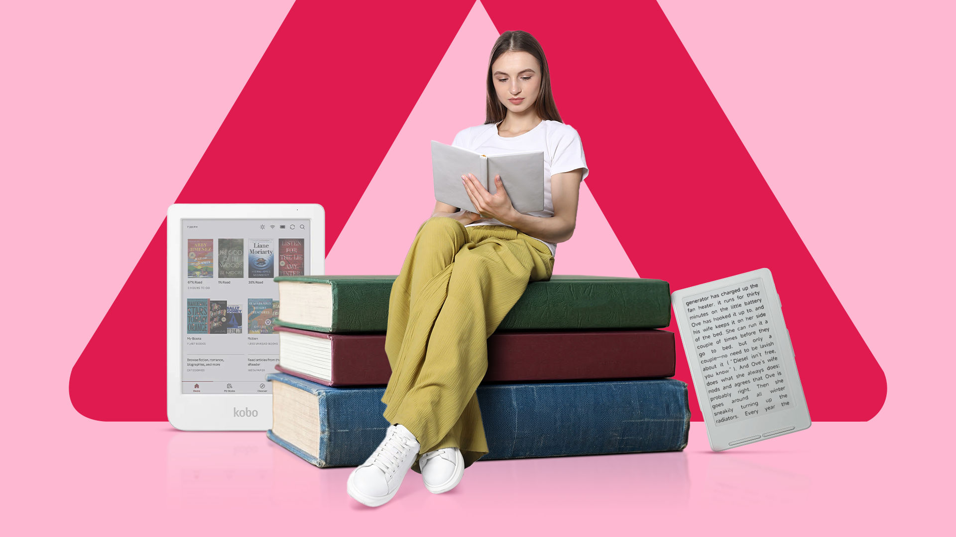 Uma mulher sentada sobre uma pilha de livros gigantes lendo, ladeada por dois leitores eletrônicos digitais.
