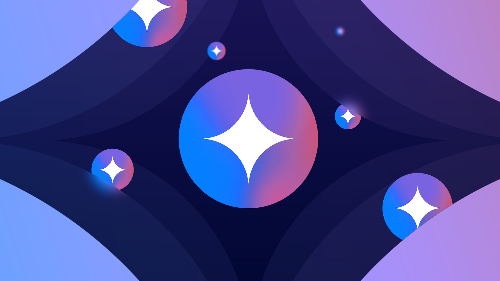Abstract blue and purple background with glowing Gemini icons.