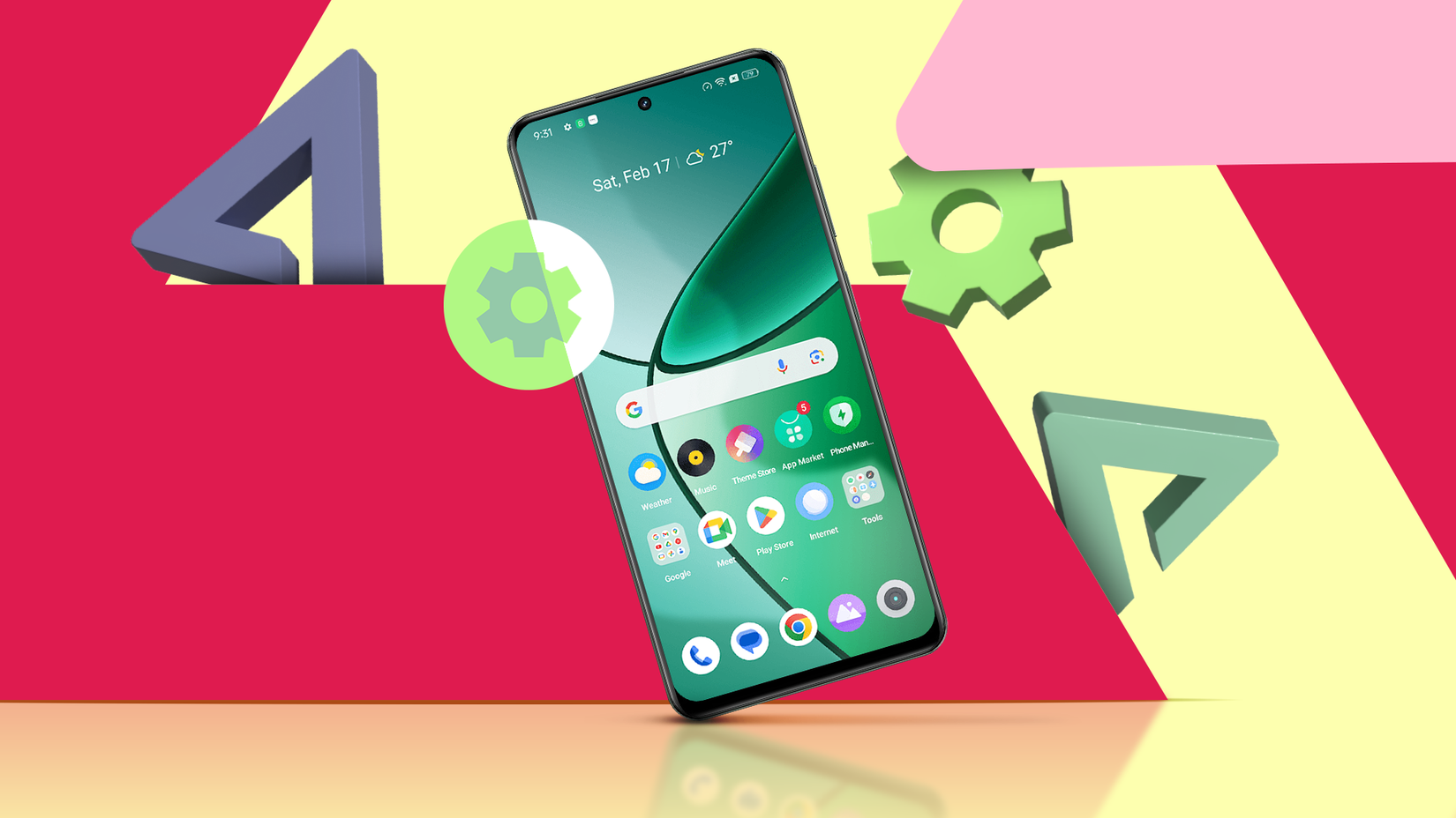 Um smartphone Android exibindo sua tela inicial, cercada por ícones flutuantes de engrenagens 3D e formas geométricas em um fundo vermelho e amarelo vibrante