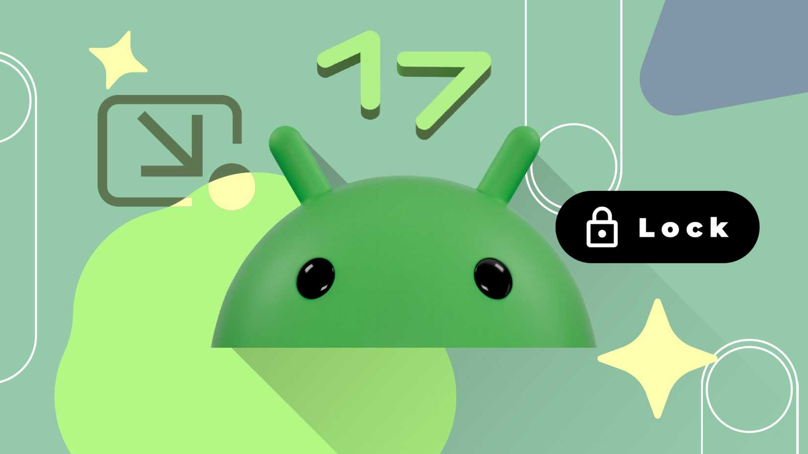 Mascote do Android com número 17, bloqueio de aplicativo e ícones de bolha de aplicativo em um fundo verde