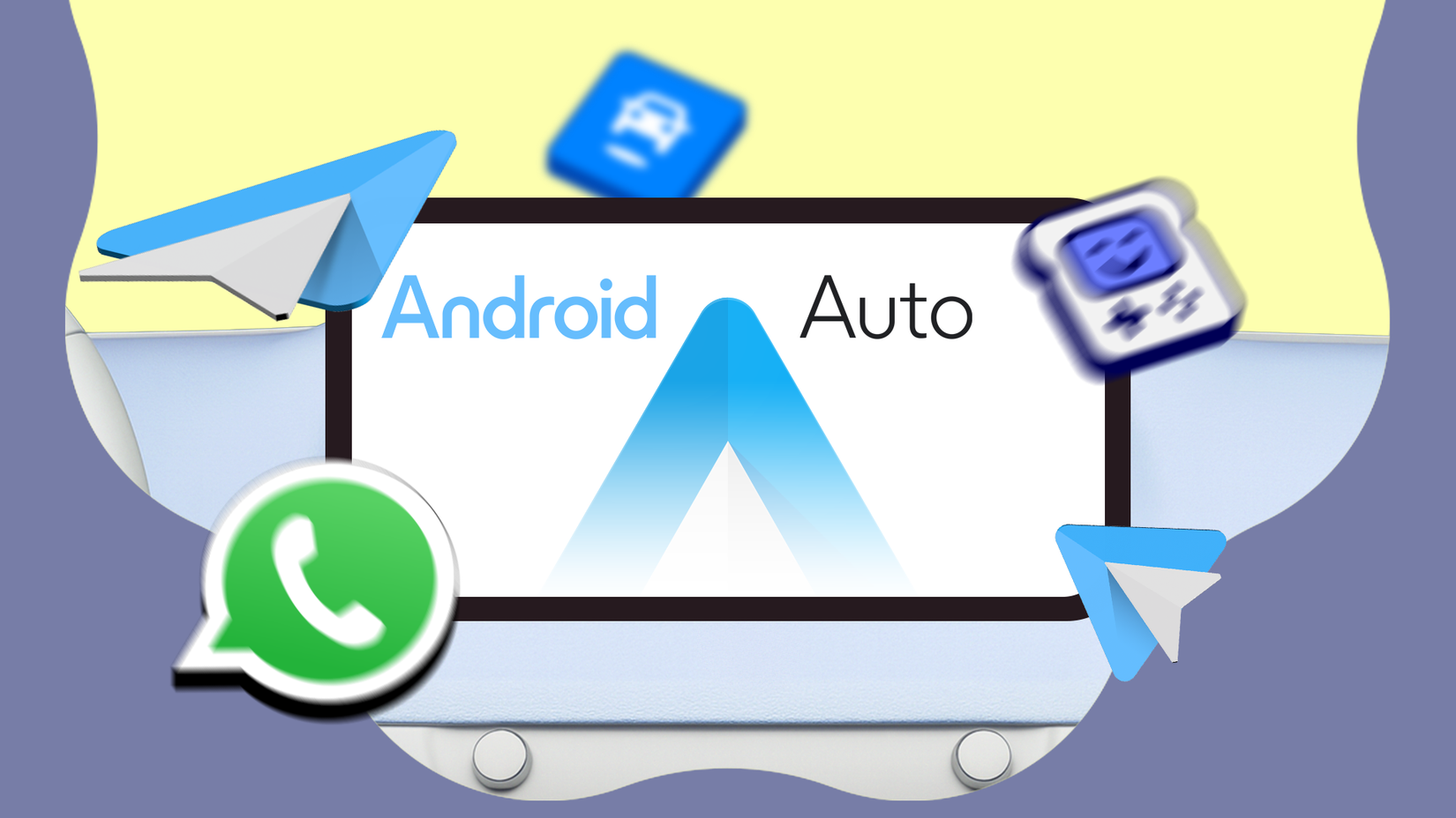 Logotipo do Android Auto com ícones flutuantes para WhatsApp, SpotHero e GameSnacks