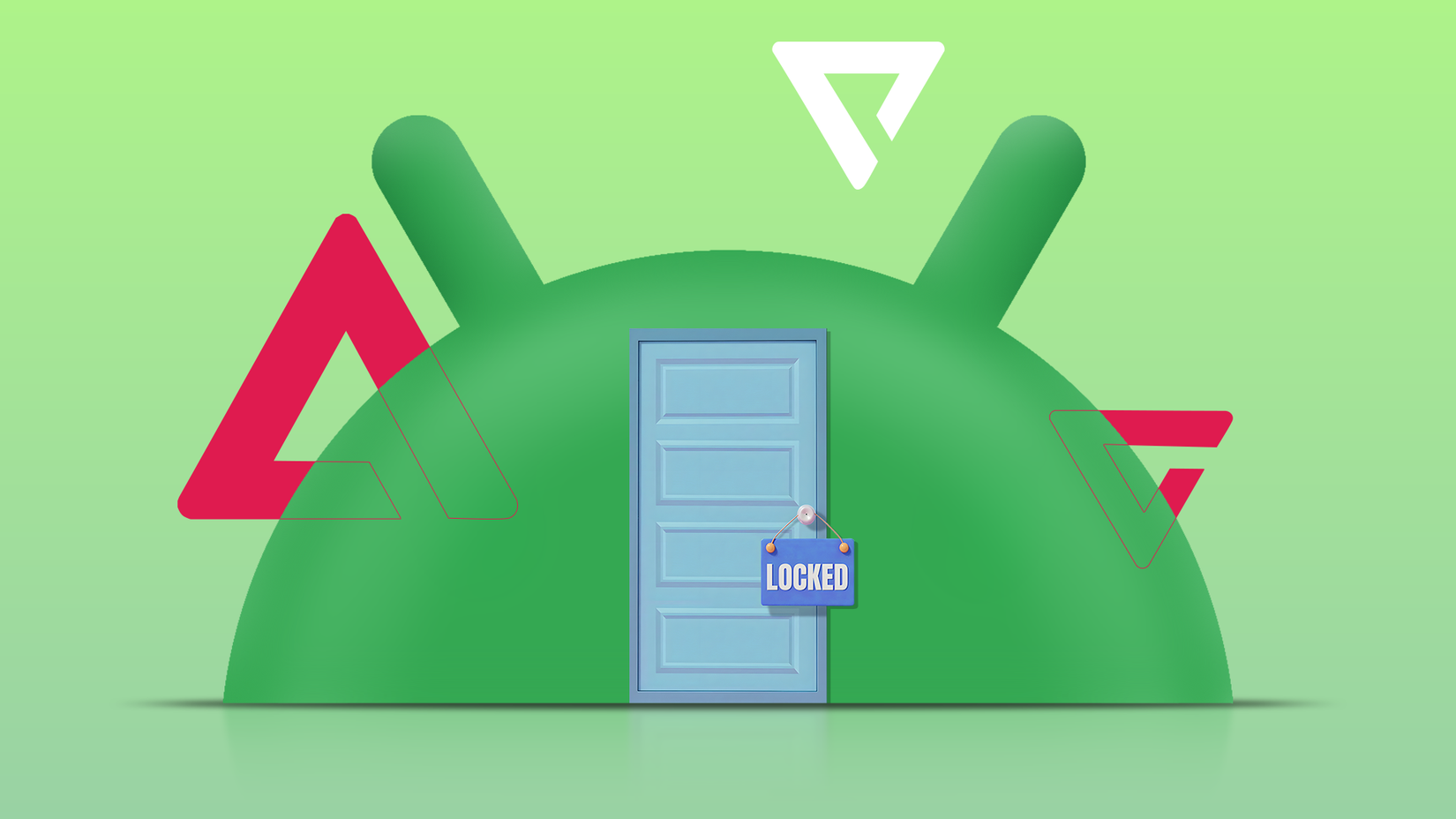 Cabeça de mascote Android com uma porta azul e uma placa de 'Trancado' pendurada na maçaneta.