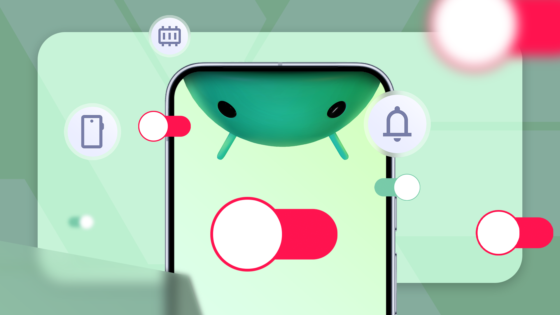 Mascote do Android espiando de um smartphone cercado por interruptores desativados