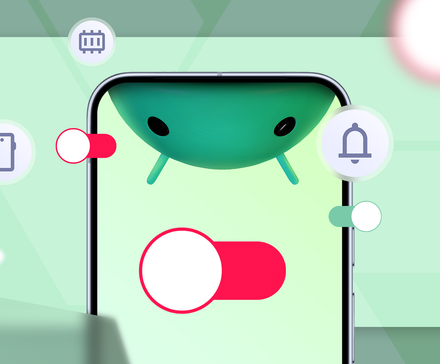 Mascote do Android espiando de um smartphone cercado por interruptores desativados