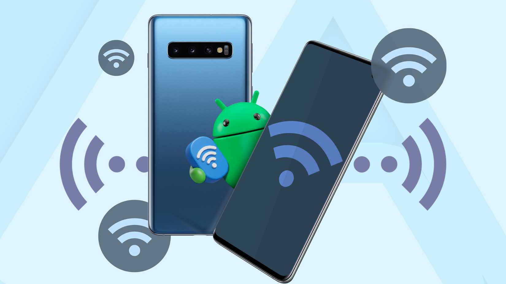 Mascote do Android segurando um ícone de Wi-Fi entre dois smartphones com símbolos flutuantes de Wi-Fi