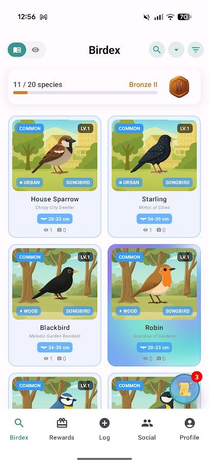 carte per uccelli nell'app birdex