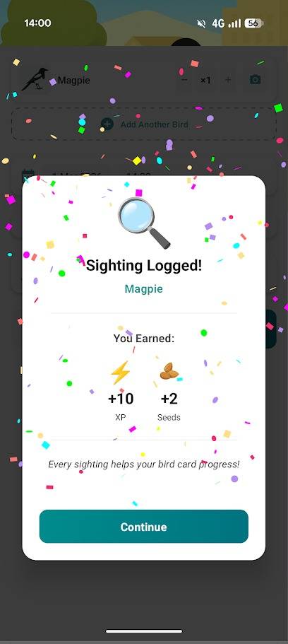 finestra di avvistamento uccelli nell'app birdex