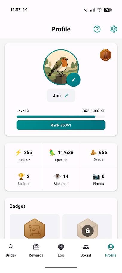 pagina del profilo nell'app birdex