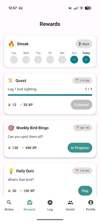 app birdex che mostra ricompense e missioni