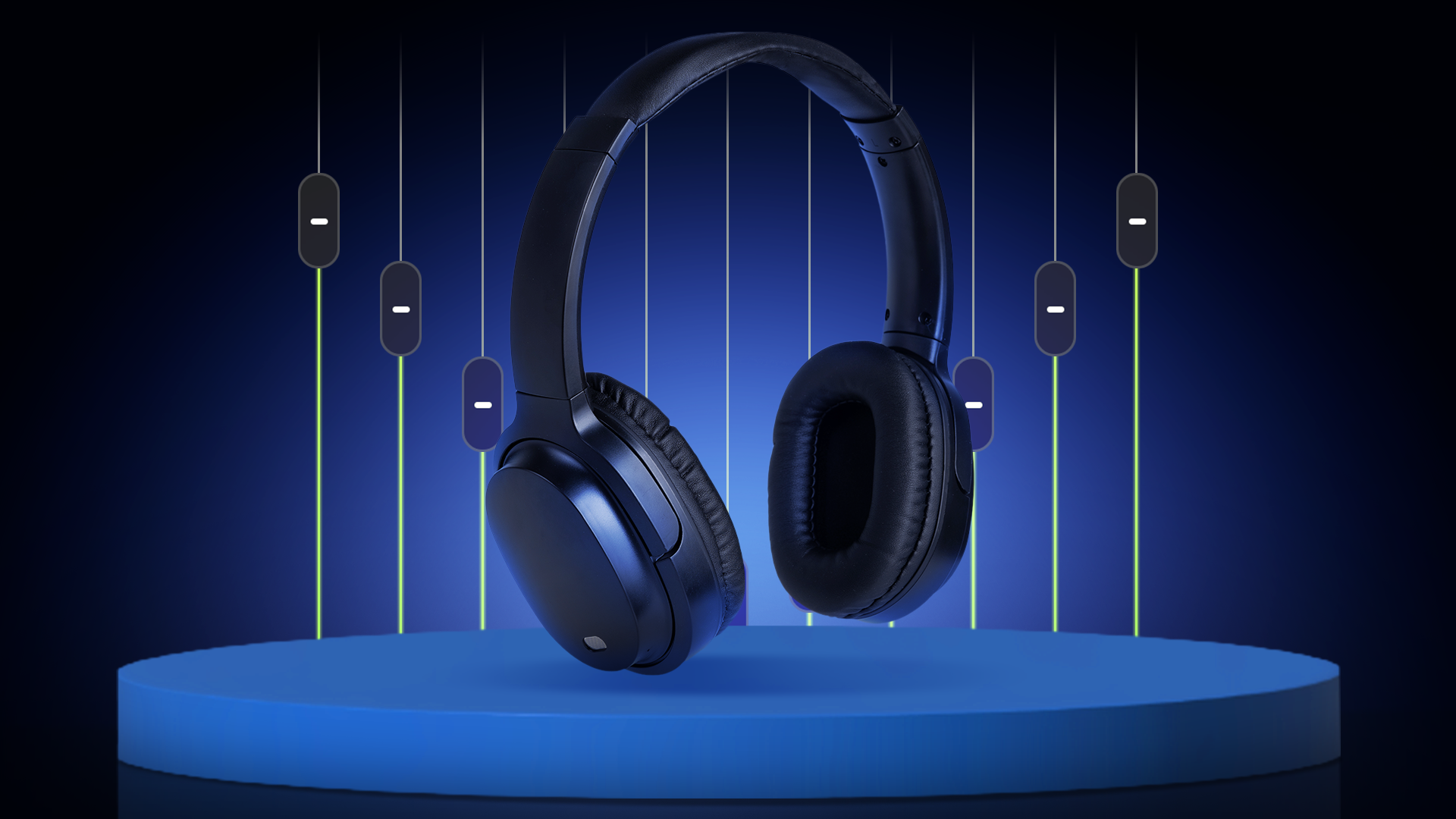 Black over-ear headphones floating on a blue circular platform with graphic equalizer sliders in the background.