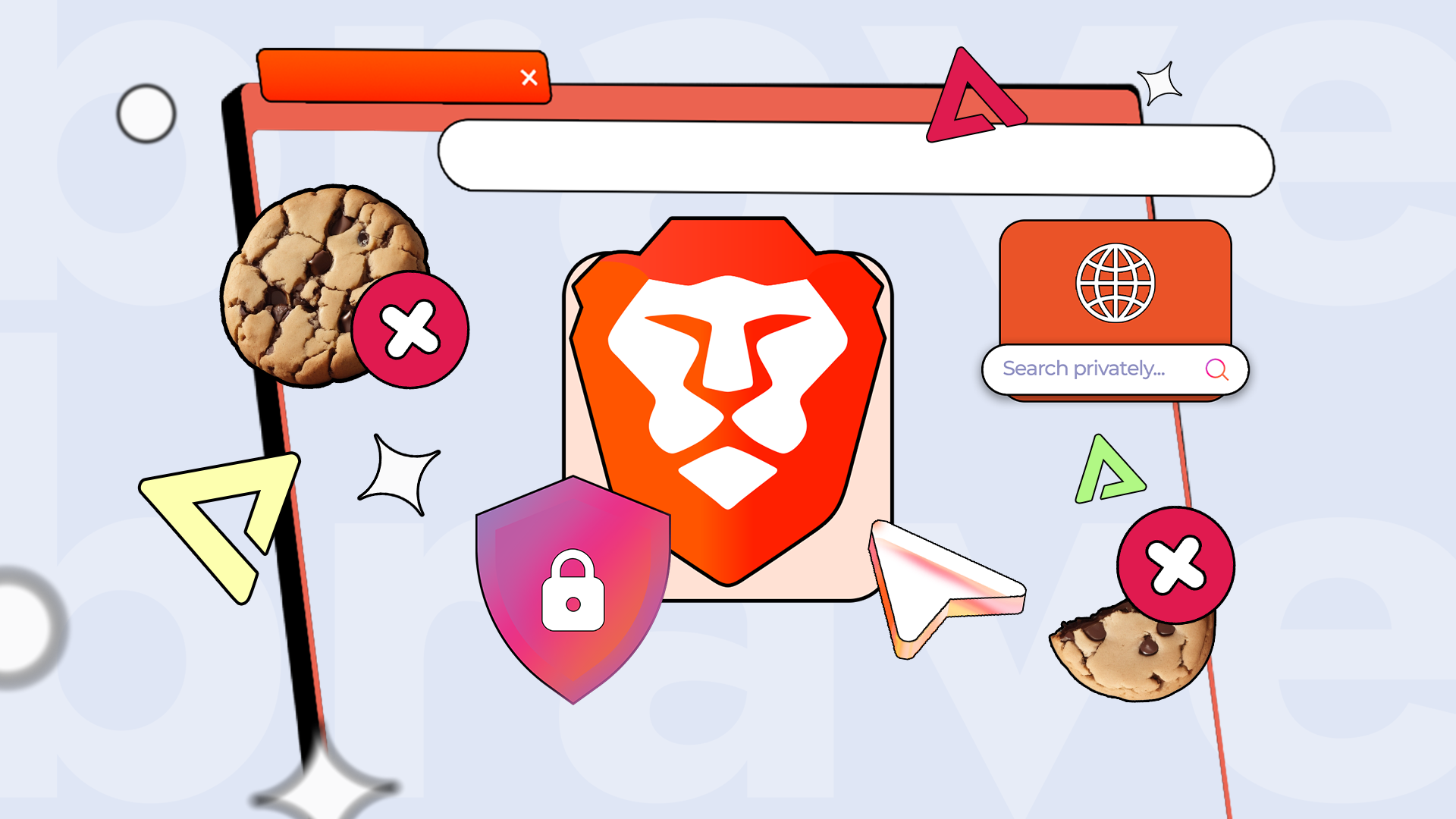 Logo del browser Brave in una finestra con le icone dei cookie bloccati e uno scudo della privacy.
