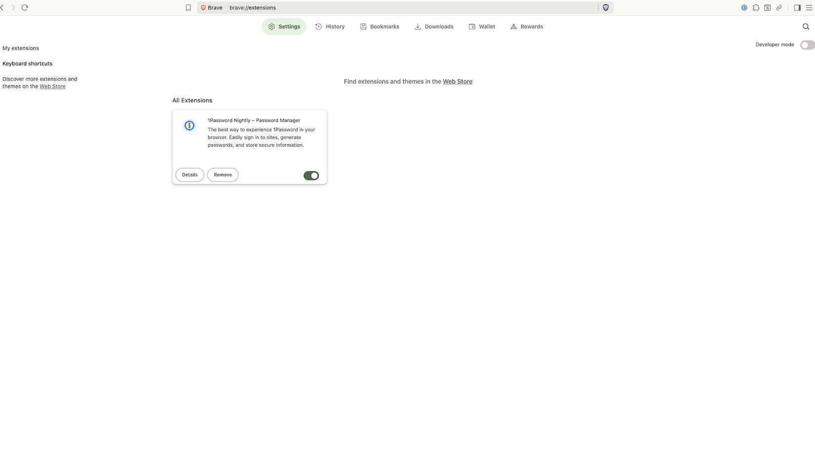 Uma captura de tela do Brave Browser mostrando a extensão 1Password instalada