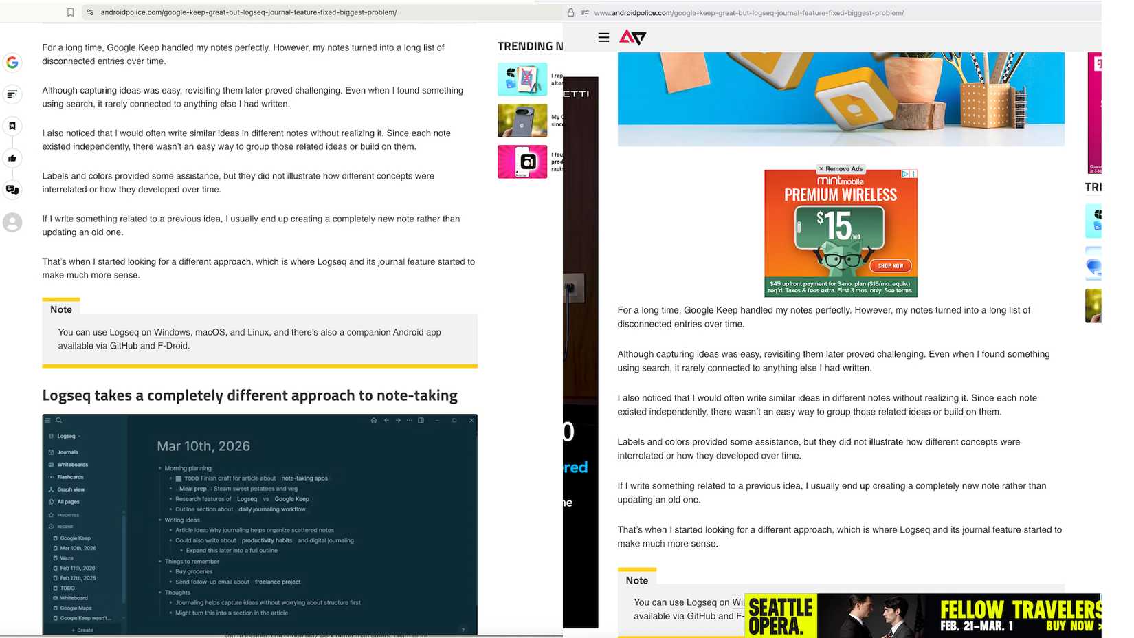 Uma comparação lado a lado do navegador Brave mostrando um artigo do Android Police sem anúncios versus uma captura de tela do Firefox mostrando o mesmo artigo com anúncios
