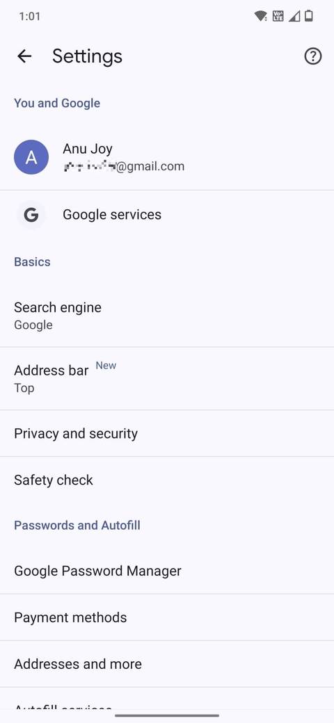 Screenshot che mostra l'opzione Barra degli indirizzi nelle impostazioni di Chrome