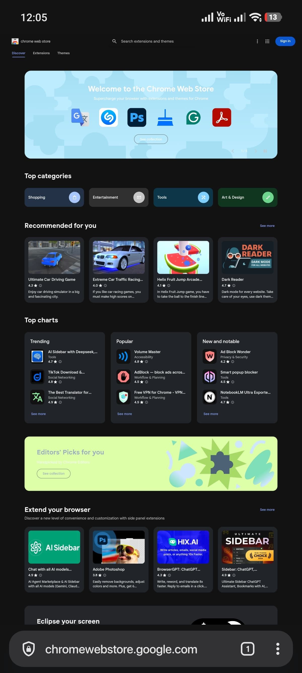 Chrome still doesn't have extensions on Android, so I found a browser ...