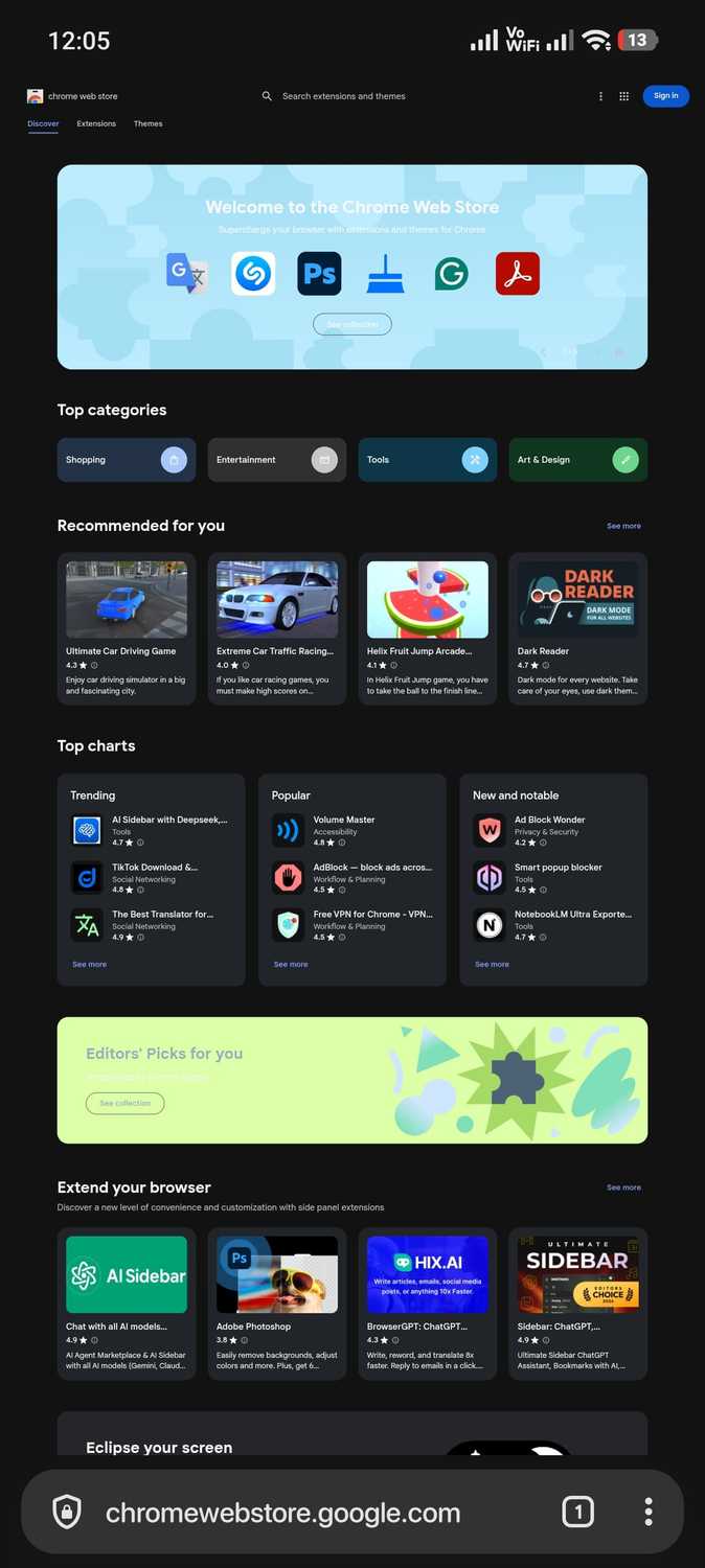 Web Store Android Chrome still doesn't have extensions on Android, so I found a browser ...