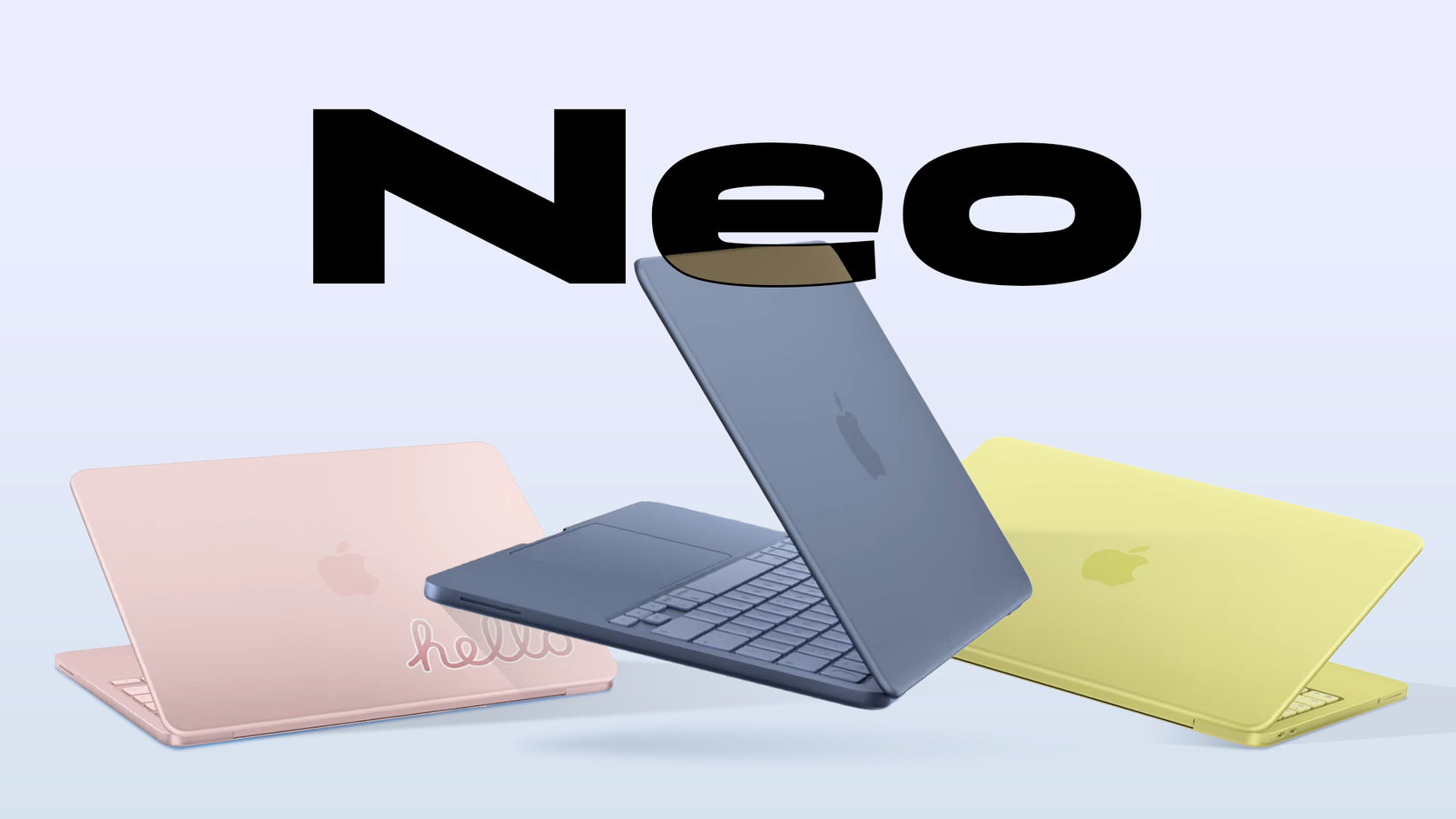 Laptops MacBook Neo coloridos em rosa, azul e amarelo exibidos sob um grande texto em negrito que diz 'Neo'.