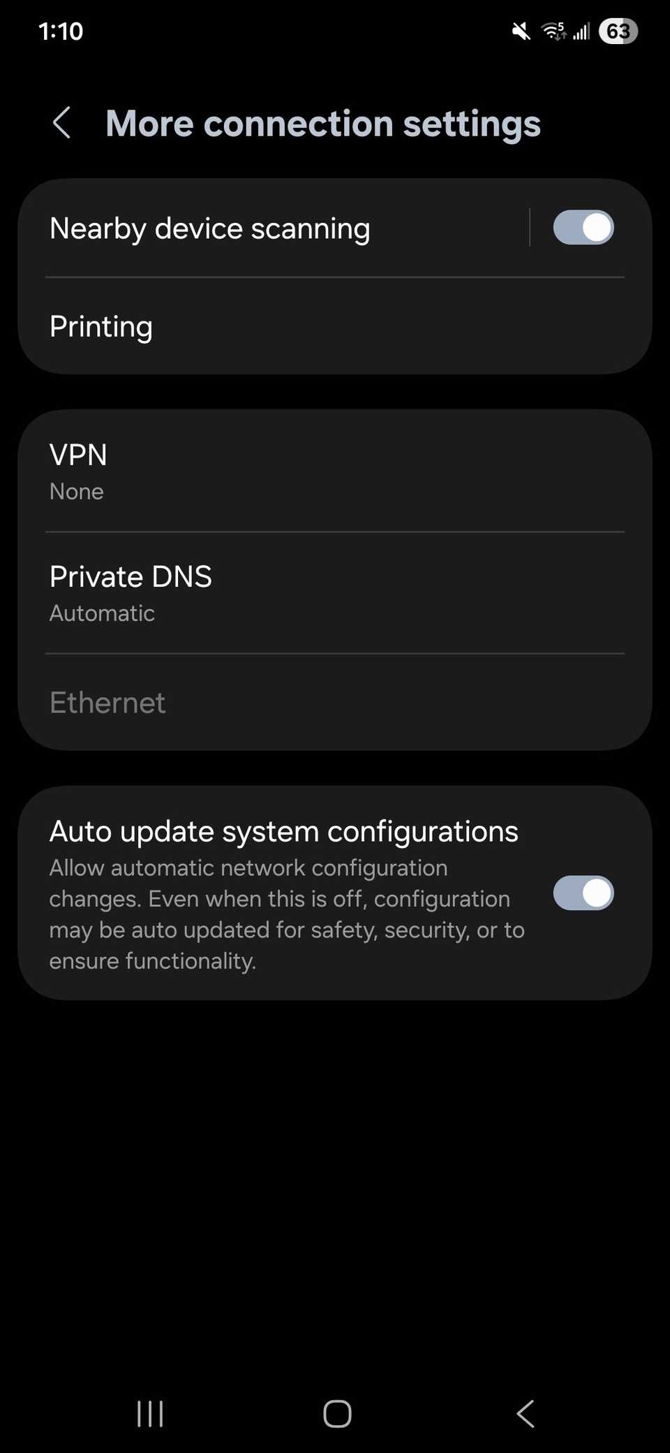 More connection settings on Samsung One UI 8 showing the Private DNS option