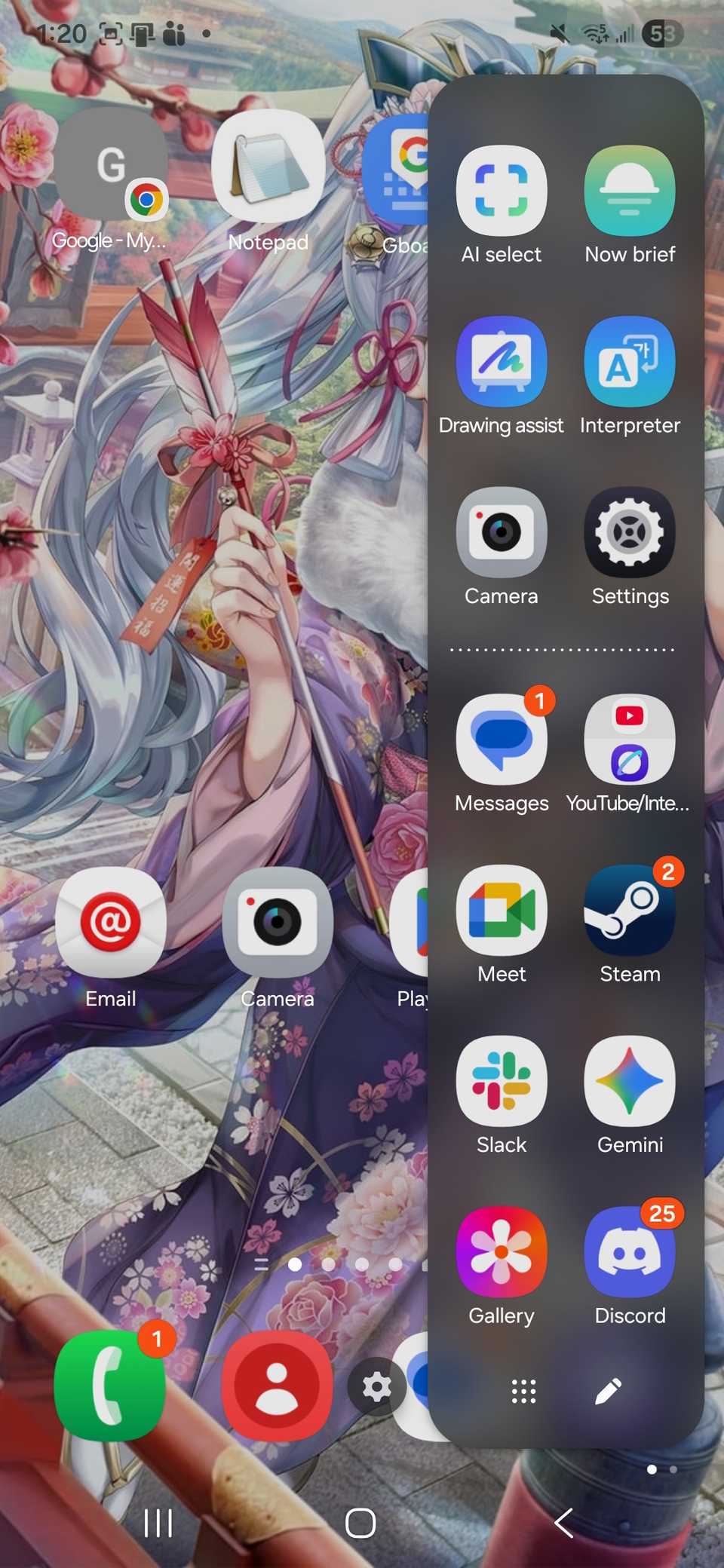 A list of apps in a Edge Panel display on Samsung Galaxy S25+ phone