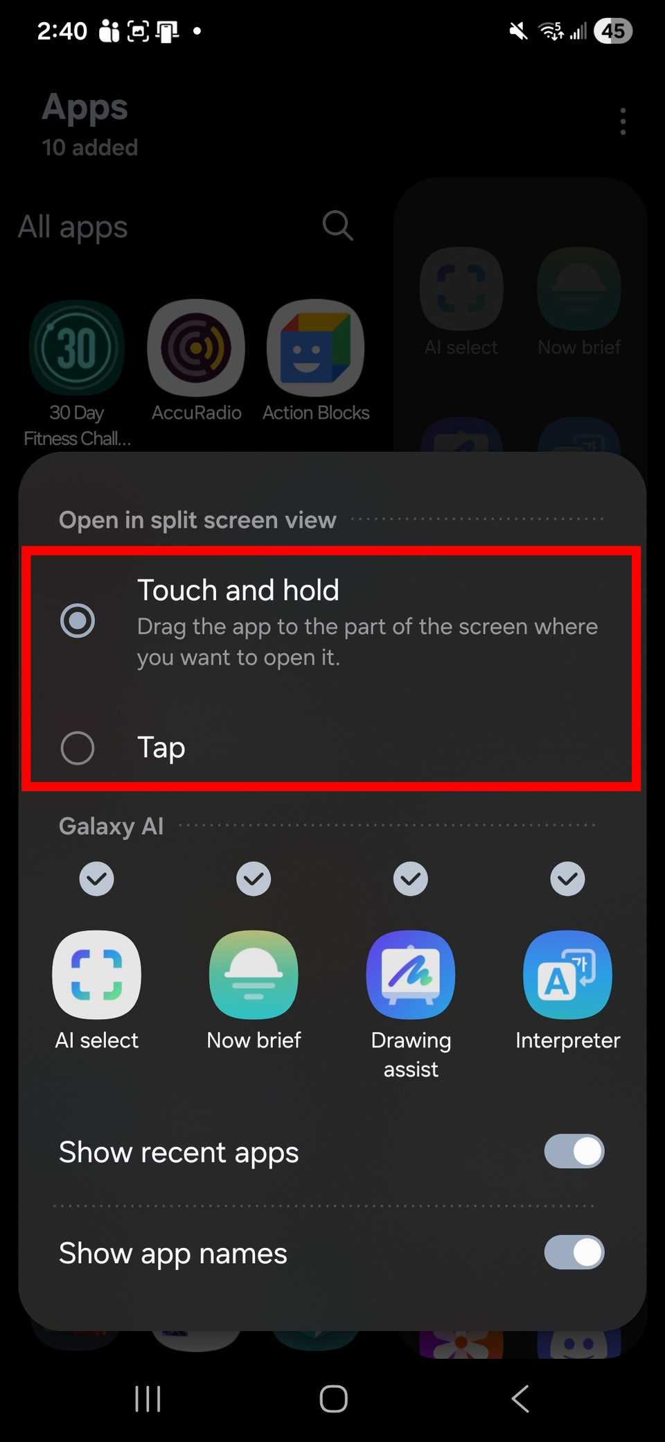 Open in split screen view settings for gestures radio options, touch and hold, or tap
