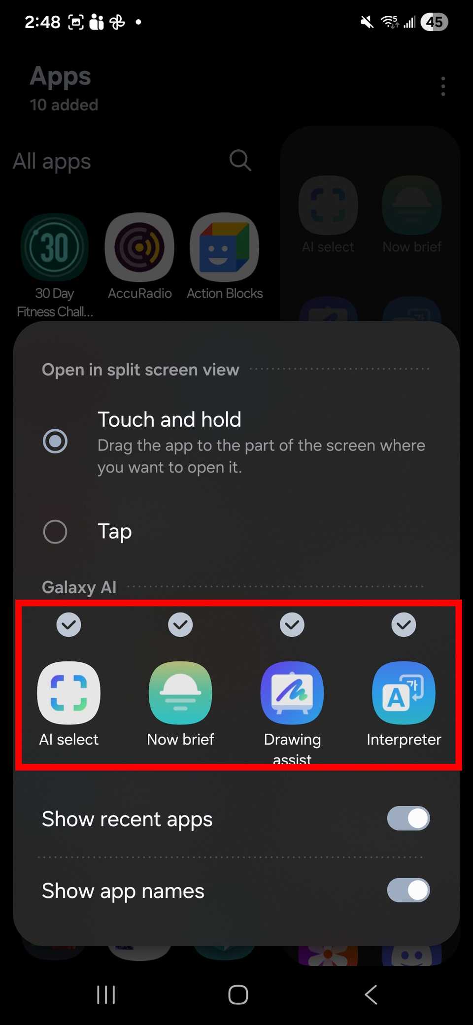 Red rectangle highlighting Galaxy AI inclusions in the apps edge panel that you can check or remove