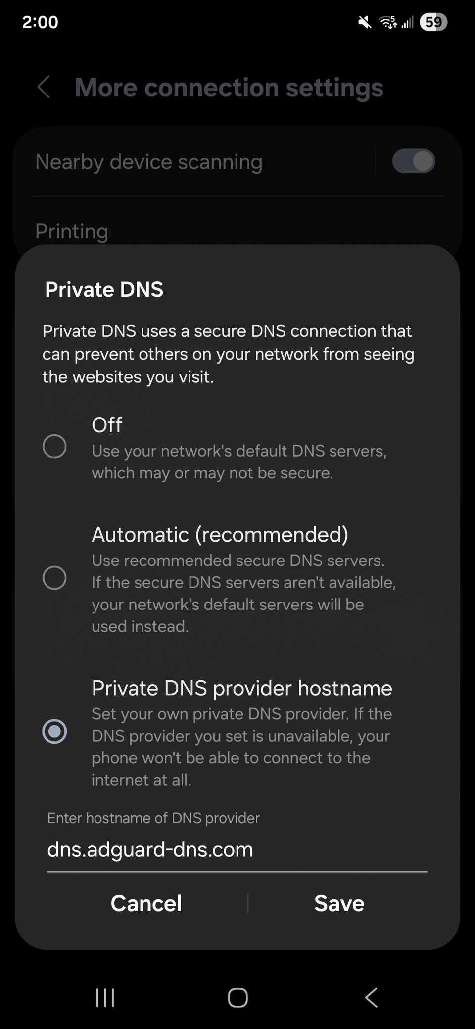 Radio button on Private DNS provider hostname with a custom entered field of a hostname filled for ad blocking