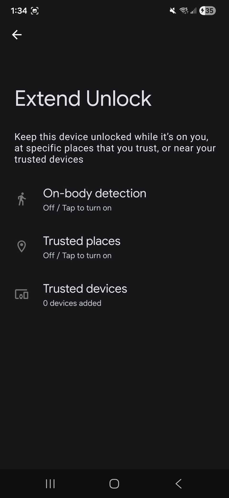 a list of options for Extend Unlock including 'On-body detection,' 'Trusted places' and 'Trusted devices'