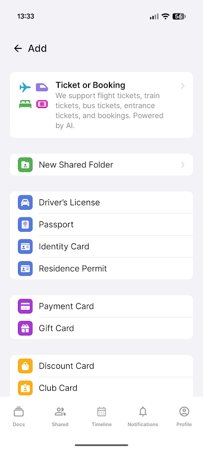 list of document types with coloured icons in mobile folio app