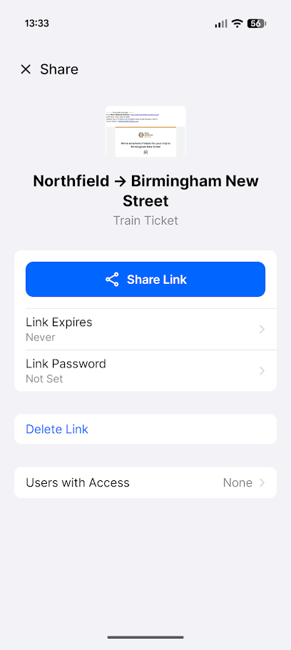 sharing options for ticket in folio app