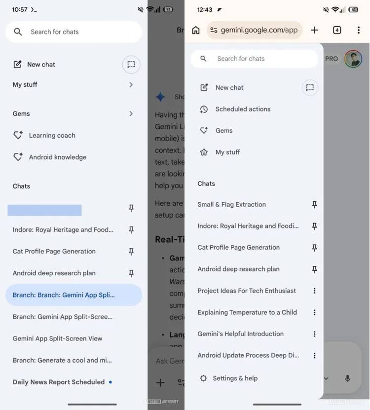 Capturas de tela destacando a IU atual e potencialmente futura do Gemini.