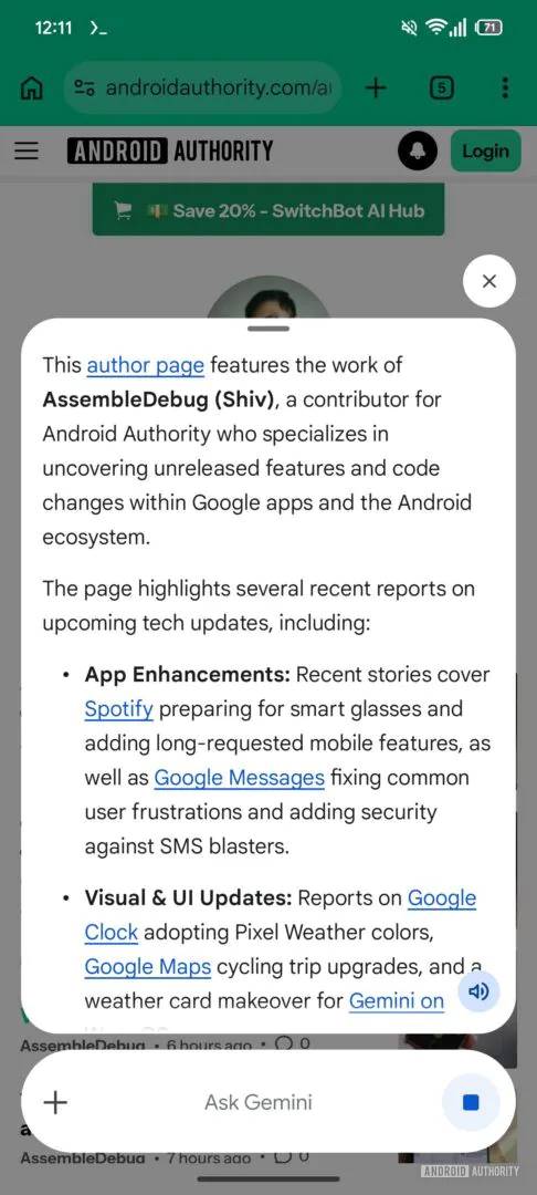 Uma captura de tela destacando a sobreposição potencialmente futura do Gemini.