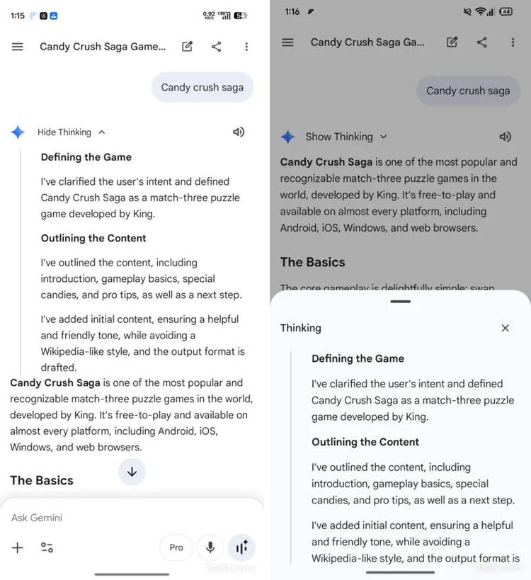 Capturas de tela destacando as antigas e novas UIs do Thinking do Gemini.