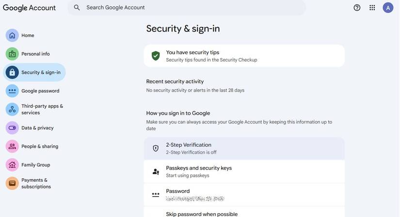 Captura de tela mostrando a página Segurança e login das Contas do Google