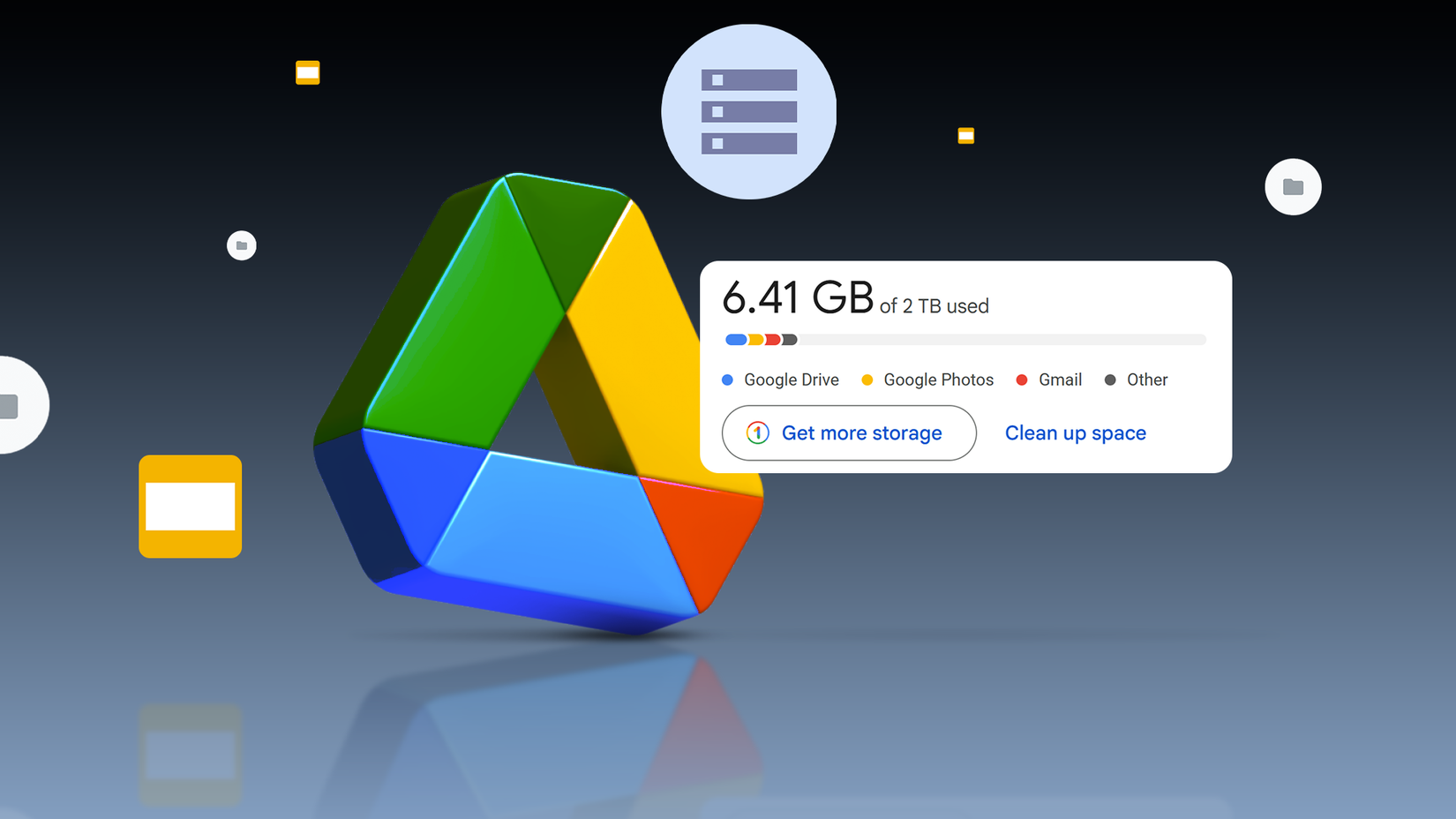 Google Drive logo next to a storage status window showing 6.41 GB of 2 TB used on a dark background
