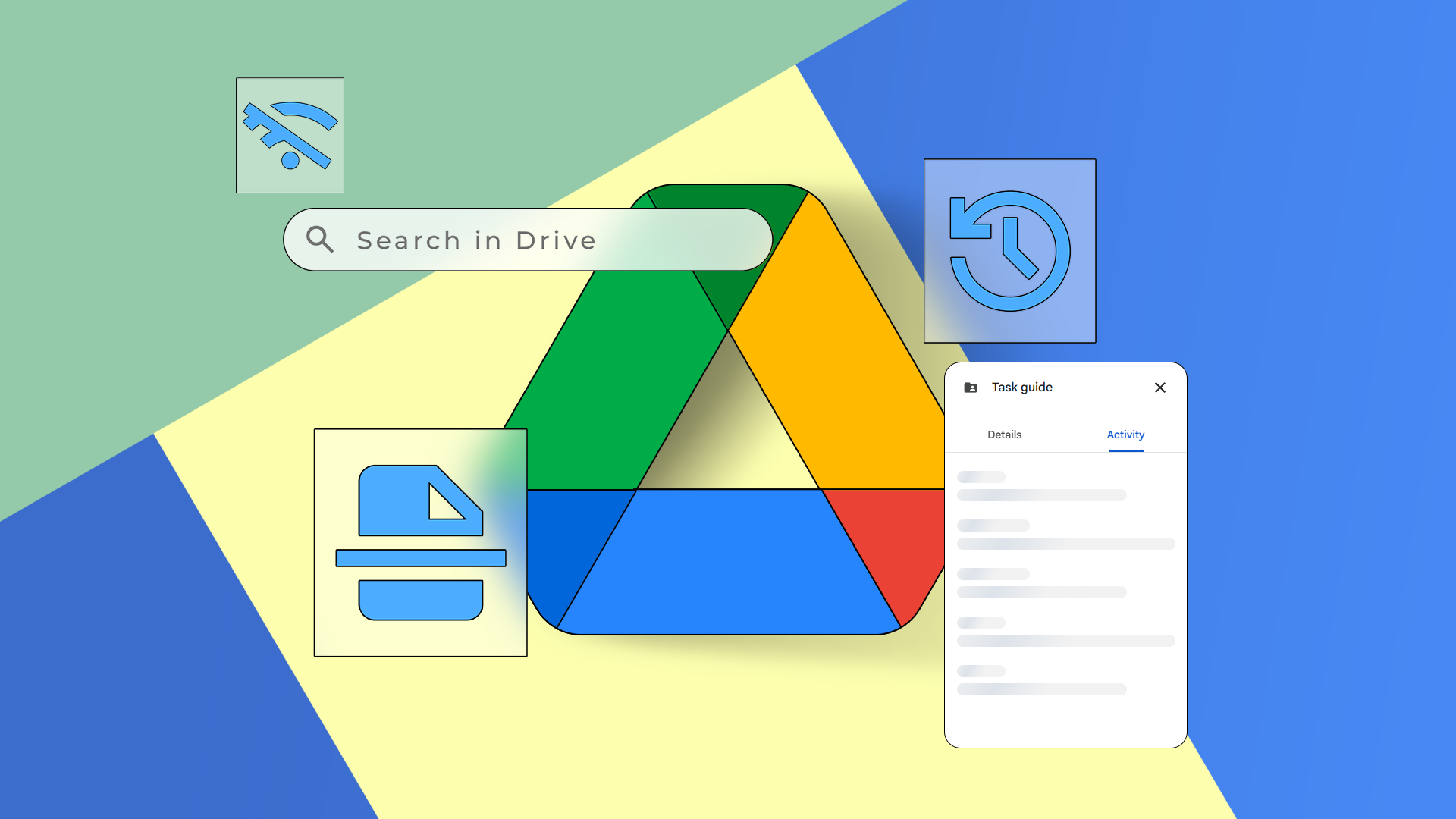 Google Drive logo with a search bar and icons for offline mode, version history, activity panel, and scanner