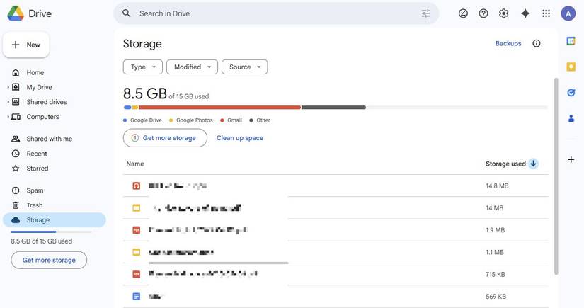 Screenshot che mostra la suddivisione dello spazio di archiviazione in Google Drive