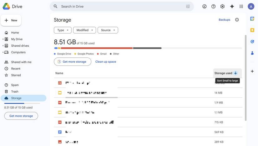 Screenshot che mostra i file ordinati per dimensione di archiviazione in Google Drive