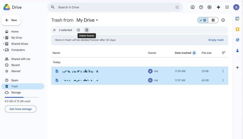 Screenshot che mostra la cartella Cestino in Google Drive